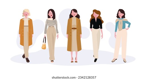 Rich people wearing simple clothes vector illustration. Female models dressed in fashionable and expensive coats, blouses and accessories. Fashion, quiet luxury, wealth concept