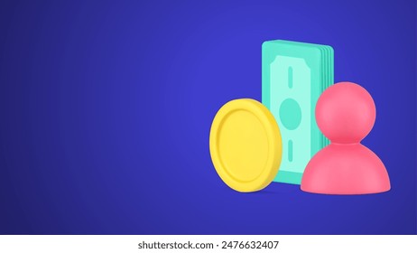 Rich person enjoy financial independence cash money dollar coins banknote 3d icon vector illustration. Success wealthy fortune earnings salary fund banking account bill deposit profit management