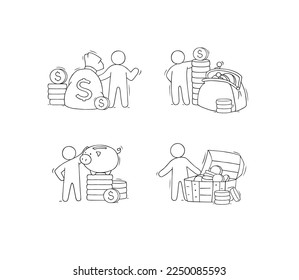 Rich person with finance objects and gold coins stacks. Concept of payment, shopping, salary, savings or budget with cute doodle man, purse, bag, chest and money, vector hand drawn illustration