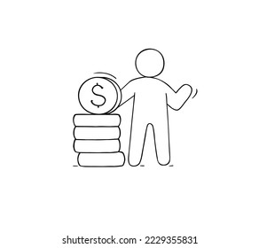 Rich person with gold coins stacks. Concept of payment, shopping, salary, savings or budget with cute doodle man, money, vector hand drawn illustration
