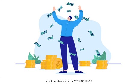 Rich Person - Vector Illustration Of Man Making Lots Of Money Throwing Cash In Air And Coins On Floor. Big Income And Salary Concept. Flat Design With White Background