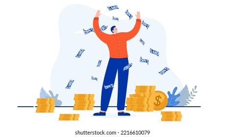 Rich Person - Vector Illustration Of Man Making Lots Of Money, Throwing Dollar Bills In Air Smiling Happy. Profits And Income Concept. Flat Design Cartoon Style With White Background