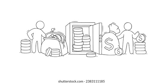 Rich persons with finance objects and gold coins stacks. Concept of payment, shopping, salary, savings or budget with cute doodle men, purse, bag, safe and money, vector hand drawn illustration