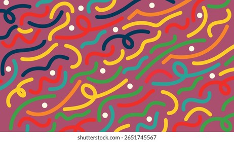 Rich pink backdrop filled with abstract squiggles in vibrant colors and scattered white dots. Energetic and ideal for festive digital visuals.