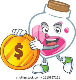 Rich pink potion mascot cartoon design style with gold coin