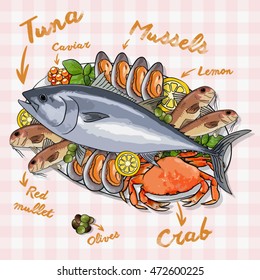 Rich plate full of various seafood items. Vector illustrations of a tuna fish, crab, red mullet, caviar, mussels, olives and basil. Seafood products info graphic suitable for restaurant menu etc.