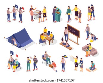 Rich and pool people in different situations isometric icons set 3d isolated vector illustration
