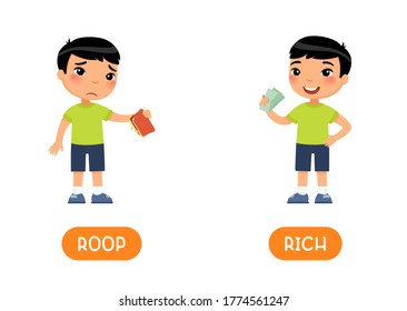 RICH and POOR antonyms word card vector template. Opposites concept. Sad asian boy with empty wallet and child with money flat illustration with typography. Flashcard for english language learning.