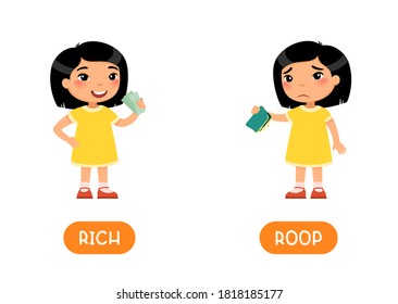 RICH and POOR antonyms word card vector template. Opposites concept. Sad asian girl with empty wallet and child with money flat illustration with typography. Flashcard for english language learning.