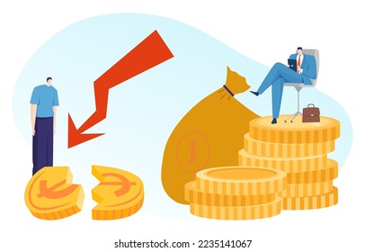 Rich and poor business man concept, vector illustration, success flat tiny man character sit at money bag, poor guy near broken golden coin.