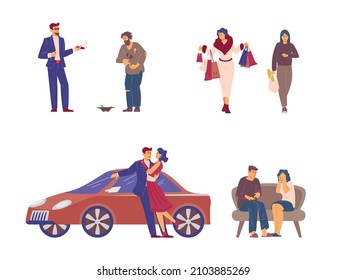 Rich and poor characters collection, homeless beggars and millionaires, flat vector illustration isolated on white background. People of different social groups.