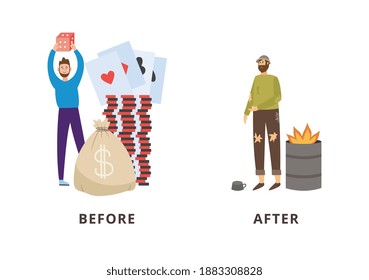 Hombre rico y pobre - antes y después del éxito y el fracaso del juego. Apostador de caricaturas convertido en persona sin hogar por pérdida de dinero, ilustración vectorial aislada