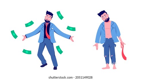 Rich and poor man. Joyful businessman throwing green cash and beggar in tattered clothes with empty pockets sudden profit and total bankruptcy vector