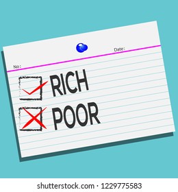 RICH or Poor on paper with creative design for your greetings card, flyers, invitation, posters, brochure, banners. Business and Inspiration concept on blue background