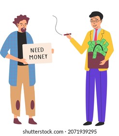 Rich and poor people cartoon men without currency. Unemployed guy with sign need money and successful businessman millionaire with bag of money and cigar. Richness and poverty concept. Social distance