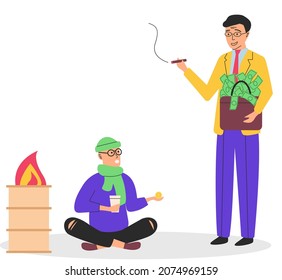 Rich and poor people cartoon men without money. Unemployed guy homeless beggar and successful businessman millionaire with bag of money and cigar. Richness and poverty concept. Social distance