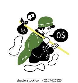 Rich and poor people. Character in dirty clothes with empty bag behind his back walking down on city street. Homeless or beggar. Poverty and financial difficulties. Cartoon flat vector illustration