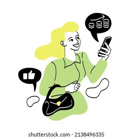 Rich and poor people. Girl with bag in her hands checks her phone. Aspiring entrepreneur looking at charts, working with statistics, app for evaluating income. Cartoon flat vector illustration