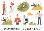 Rich and poor people set isolated fat cartoon men with without money. Vector unemployed guy with empty piggy, beggar. Millionaire swimming in golden coins and dollar banknotes, wealth and poverty