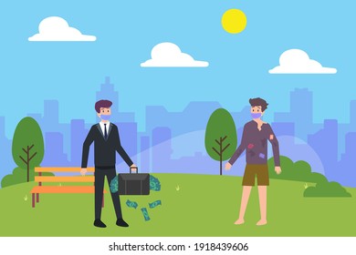 Rich and poor vector concept: Rich man carrying much money inside his briefcase and poor man dose not have any money while standing together in the park