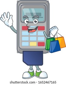 A rich POS machine cartoon design waving and holding Shopping bag