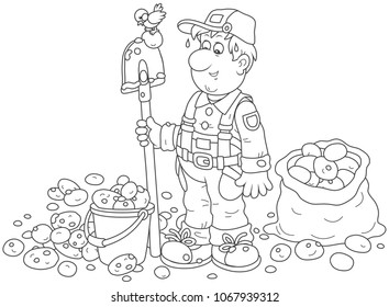 Rich potato crop. Smiling farmer with a spade and potatoes in a bucket and a sack, a black and white vector illustration in a cartoon style for a coloring book