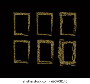 Rich premium vector sparkling confetti falling down. Square sparkling frame. Luxurious background, golden glitter, shining sparkles on black background. Christmas, new year, birthday party celebration