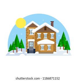 Rich private building in winter landscape among the forest. A lot of snow, tree and cold weather. A house in the suburbs celebrates Christmas and new year. 
