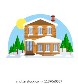 Rich private building in winter landscape among the forest. A lot of snow, tree and cold weather. A house in the suburbs celebrates Christmas and new year. 
