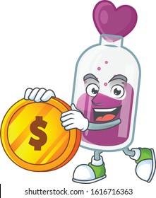 Rich purple potion mascot cartoon design style with gold coin