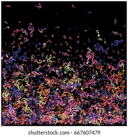 Rich purple vector sparkling music signs confetti falling down. VIP premium design. Christmas, new year celebration. Music festival background, purple, pink, yellow shining sparkles, black background.