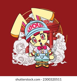 the rich rabbit illustration design for sukajan is mean japan traditional cloth or t-shirt with digital hand drawn Embroidery Men T-shirts Summer Casual Short Sleeve Hip Hop T Shirt Streetwear