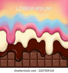 Rich Rainbow Strawberry Ice Cream and Milk Vanilla Ice Cream and Rich Dark Chocolate Ice cream Melted on White Chocolate Bar Background Vector Illustration