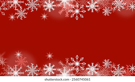 A rich red background adorned with sparkling white snowflakes, creating a festive winter atmosphere