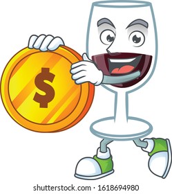 Rich red glass of wine mascot cartoon design style with gold coin