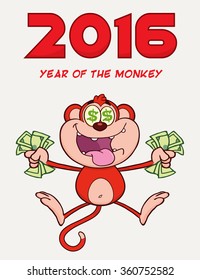 Rich Red Monkey Cartoon Character Jumping With Cash Money and Dollar Eyes. Vector Illustration New Year Greeting Card