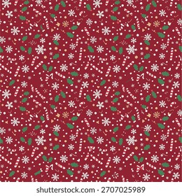 Padrão de Natal sem emenda vermelho rico com bengalas de doces, Holly e flocos de neve para papel de embrulho festivo ou design têxtil