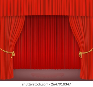 Rich red stage curtains are parted slightly, background curtain, decorative golden ropes, performance, cinema, celebration, theatrical presentation