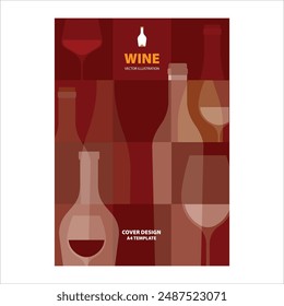 Rich Red Wine Bottle and Glass Vector Illustration - Elegant Geometric Design Cover Template A4 for brochures, posters, invitation cards, promotion banners and menus.