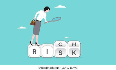 rich risk, take a risk and getting rich concept, analyze the path of success and the risks obtained, no rich without risk, woman uses a magnifying glass to analyze a cube with rich and risk word