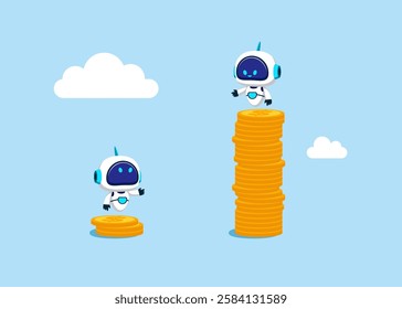 Rich robot standing on high salary coins tower with poor robot on low coins stack. Economic and technology inequality, rich and poor gap, unfairness income, different money. Flat vector illustration