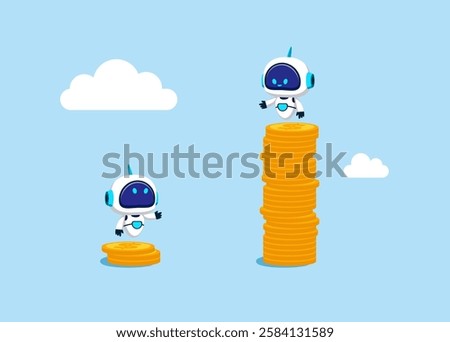 Rich robot standing on high salary coins tower with poor robot on low coins stack. Economic and technology inequality, rich and poor gap, unfairness income, different money. Flat vector illustration