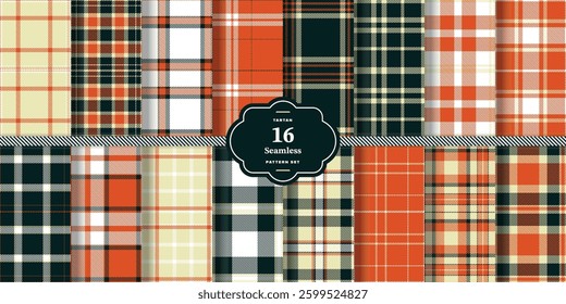 Rich Saffron Tartan patterns fabric texture. Modern Smoky Charcoal Seamless Tartan Set of 16