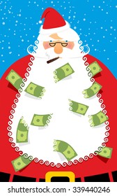 Rich Santa Claus. Many money in his beard. man brought Us dollars as  gift for good of people. Adult gifts for Christmas and new year. Grandfather stands under  snow.