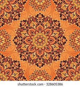 Rico en colores saturados, hermoso adorno medieval. Patrón floral sin fisuras de elementos florales circulares. Diseño vectorial de mandalas.  Plantilla para tejidos, chales, ropa de cama, alfombras, cojines.