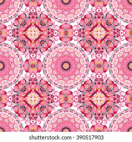 Rich with saturated colors, beautiful medieval ornament. Seamless floral pattern of circular floral elements. Vector design of mandalas.  Template for textiles, shawl, bed linen, carpets, cushions.