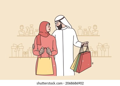 Rich Saudi Arabia Man And Woman Shopping In Mall Or Shop Together. Loving Arabic Husband And Wife With Bags In Perfume Store. Asian Culture, Diversity Concept. Flat Vector Illustration. 