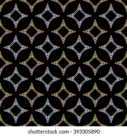 Rich seamless abstract background pattern with repeating golden and silver star elements on the black background. Abstract endless background. Vector illustration eps