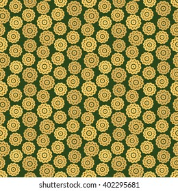 Rich seamless abstract background pattern with repeating golden flowers on the green fond. Vector illustration eps