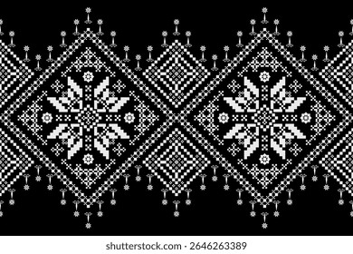 Rich seamless ethnic pixel pattern featuring elegant floral-like motifs in vibrant turquoise and golden yellow on a deep maroon background. Ideal for traditional and modern textiles, fashion,  digital